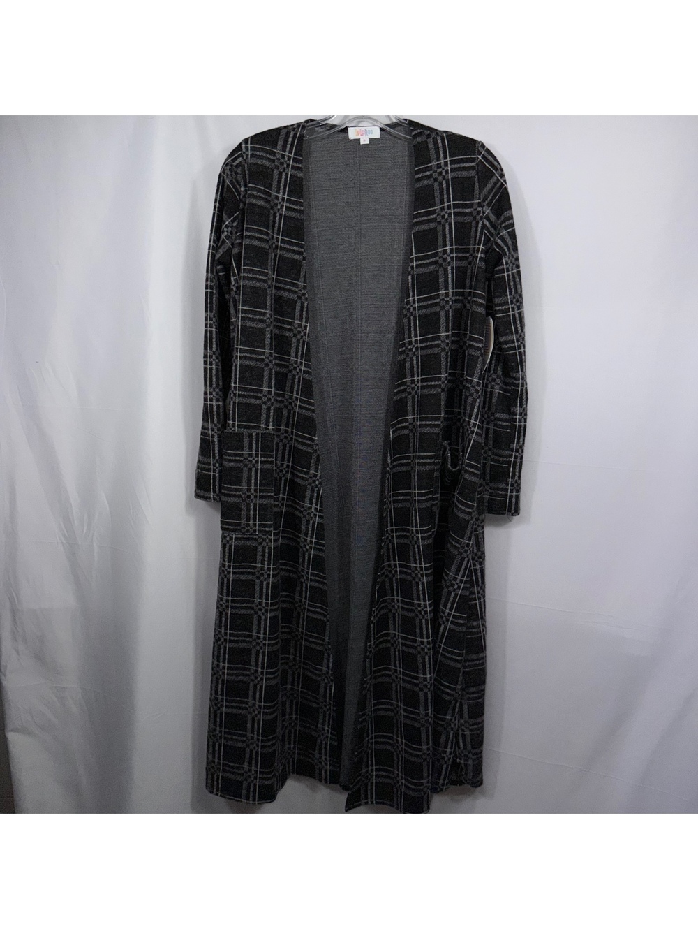 LuLaRoe Sarah Small Black Gray Plaid Long Cardigan NWT